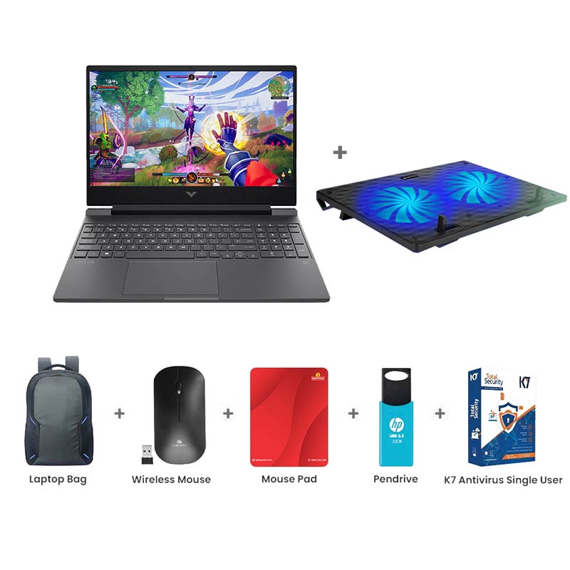 Picture of HP Victus - 13th Gen Intel Core i7-13620H 15.6" (39.6 cm) 15-fa2078TX Gaming Laptop (16GB/ 512GB SSD/ Full HD Display/ NVIDIA GeForce 6 GB RTX 3050/ Backlit Keyboard/ Anti-Glare/ Windows 11 Home/ MS Office 2024/ Ethernet Port/ 1 Year Warranty/ Mica silver/ 2.29 kg) Zebronics ZEB-NC3300 USB Powered Laptop Cooling Pad + Laptop Bag + Wireless Mouse + Mouse Pad + Pendrive + K7 Antivirus Single User