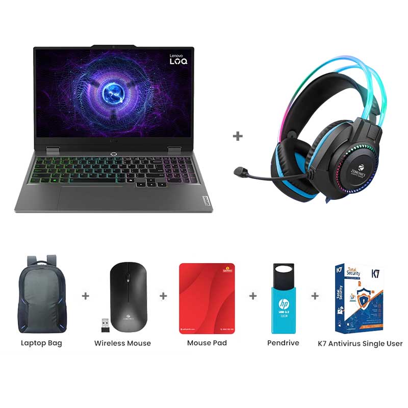 Picture of Lenovo LOQ - Intel Core i5-13450HX 15.6" (39.6cm) 83DV00XDIN Gaming Laptop (24GB/ 512GB SSD/ Full HD Display/ Windows 11 Home/ E-shutter/ NVIDIA GeForce RTX 4050 6GB/ IPS 300nits Anti-Glare/ Backlit Keyboard/ Ethernet Port/  Office 2024/ 1 Year Warranty/ Luna Grey/ 2.38 kg) Zebronics Zeb-Jet Premium Gaming Headphone + Laptop Bag + Wireless Mouse + Mouse Pad + Pendrive + K7 Antivirus Single User