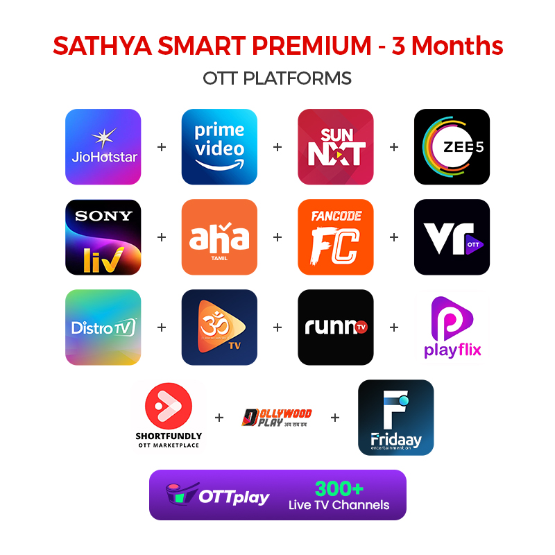 Picture of Hotstar + Amazon Prime+ SunNXT + ZEE5 + SonyLIV + aha Tamil + FanCode + VROTT + Distro + OM TV + Runn TV + PlayFlix + Shortfundly + Dollywood Play + Fridaay + OTT Play - 300+ Live, Smart Premium 3 Months