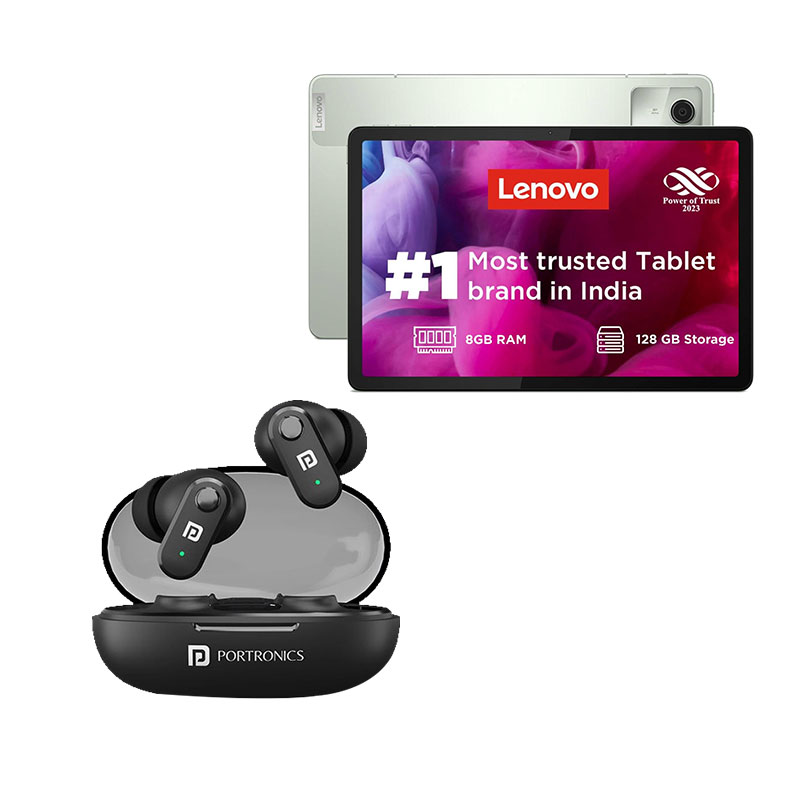 Picture of Lenovo M11 11inch (27.94cm) Tablet (8GB RAM/ 128GB/ Seafoam Green - With Pen) + Portronics Harmonics Twins S16 Wireless Earbuds