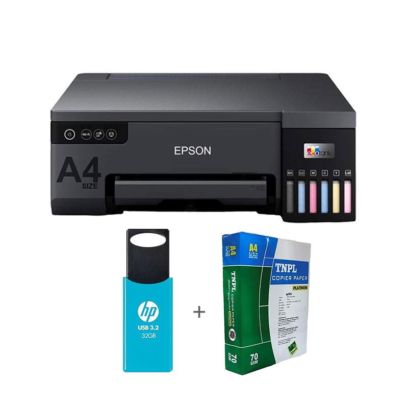 Picture of Epson EcoTank L8050 Ink Tank Photo Printer(A4 Size 6 Color Printer, 3D Printer, PVC Card Print) + USB 3.2 32GB Pendrive + A4 Sheet Bundle