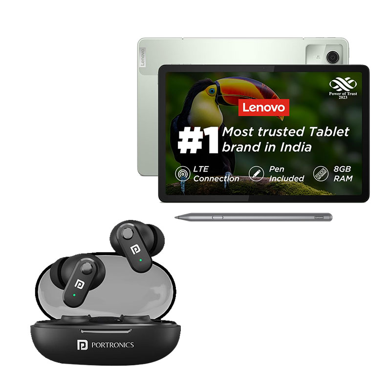 Picture of Lenovo M11 11inch (27.94cm) 4G Tablet (8GB RAM/ 128GB/ Wi-Fi + LTE + Pen/ Seafoam Green)  Portronics Harmonics Twins S16 Wireless Earbuds