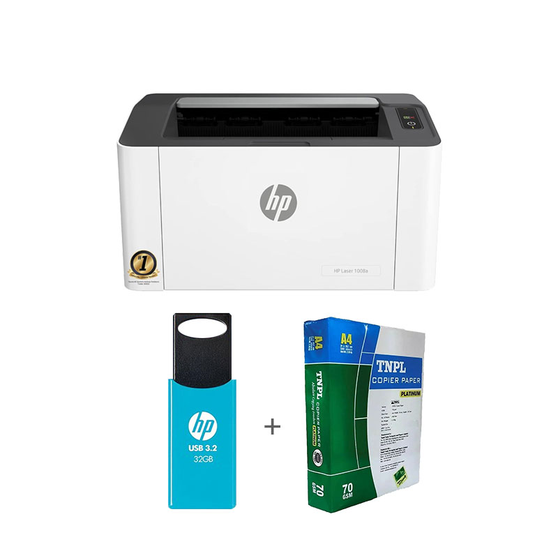 Picture of HP Laser 1008a Printer Single Function (714Z8A) + USB 3.2 32GB Pendrive + A4 Sheet Bundle