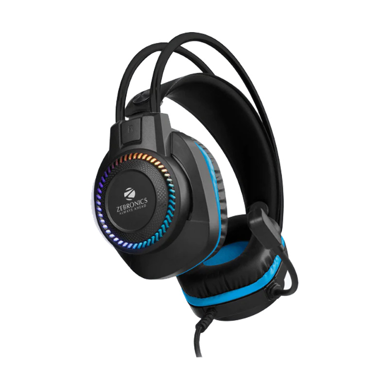 Picture of Zebronics Jet PRO Premium Wired Gaming On Ear Headphone (with LED for Headband + earcups/ 40mm Neodymium Drivers/ 2 Meter Braided Cable, with mic/ Suspension Design, 3.5mm/ USB Connector/ Black+Blue)