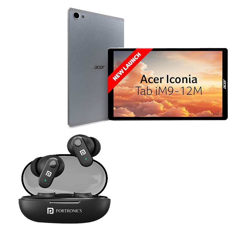 Picture of Acer Iconia iM9-12M 8.7 inch (22.09 cm) Tablet (4GB RAM/ 64GB/ IPS /400N/ 8+5 MP Dual-Camera/ Wi-Fi5+4G LTE/ Android 14/ BT 5.2/ Silver/ Flipcover) + Portronics Harmonics Twins S16 Wireless Earbuds 
