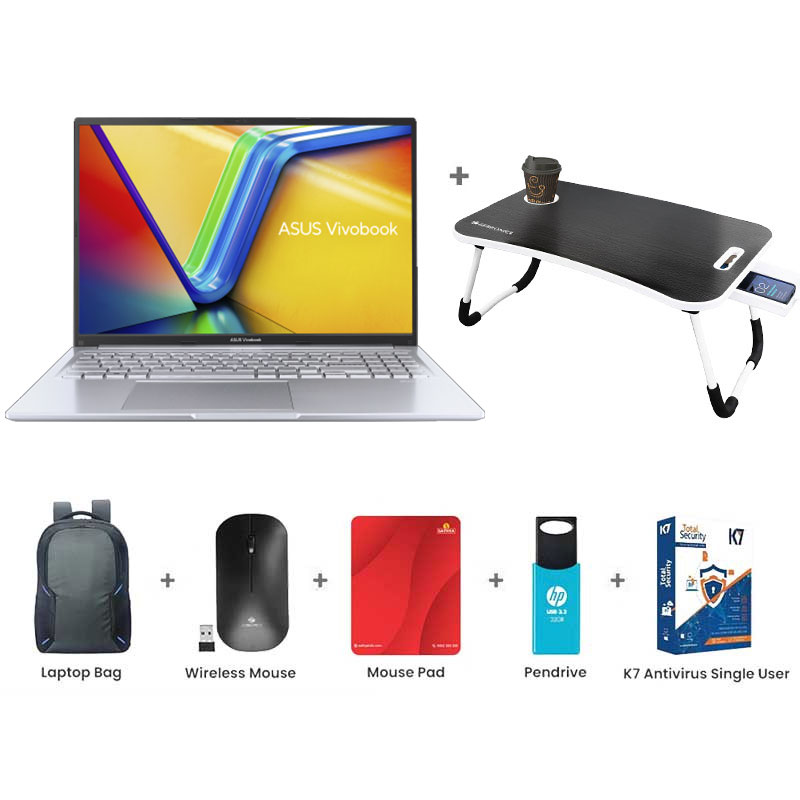 Picture of ASUS Vivobook 16 - Intel Core i5-13420H 16" (40.64cm) X1605VA-MB1627WS Thin & Light Laptop (16GB/ 512GB SSD/ Intel Iris Xᵉ Graphics/ Windows 11 Home/ Office Home 2024/ 1Year Warranty/ Cool Silver/ 1.88 Kg) with Laptop Table + Laptop Bag + Wireless Mouse + Mouse Pad + Pendrive + K7 Antivirus Single User
