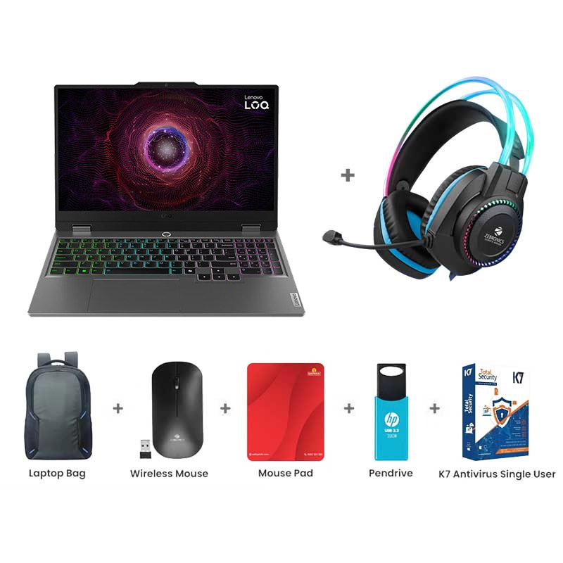 Picture of Lenovo LOQ 2024 - AMD Ryzen 5 7235HS 15.6" (39.6 cm) 83JC00EFIN Gaming Laptop (24GB RAM/ 512GB SSD/ Full HD Display/ NVIDIA GeForce RTX 3050 6GB/ White Backlit/ Anti-Glare/ Ethernet Port/ Windows 11 Home/ MS Office 2024/ 1 Year Warranty Luna Grey/ 2.38 kg) Zebronics Zeb-Jet Premium Gaming Headphone + Laptop Bag + Wireless Mouse + Mouse Pad + Pendrive + K7 Antivirus Single User
