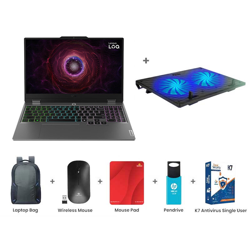 Picture of Lenovo LOQ 2024 - AMD Ryzen 5 7235HS 15.6" (39.6 cm) 83JC00EFIN Gaming Laptop (24GB RAM/ 512GB SSD/ Full HD Display/ NVIDIA GeForce RTX 3050 6GB/ White Backlit/ Anti-Glare/ Ethernet Port/ Windows 11 Home/ MS Office 2024/ 1 Year Warranty / Luna Grey/ 2.38 kg) Zebronics ZEB-NC3300 USB Powered Laptop Cooling Pad + Laptop Bag + Wireless Mouse + Mouse Pad + Pendrive + K7 Antivirus Single User