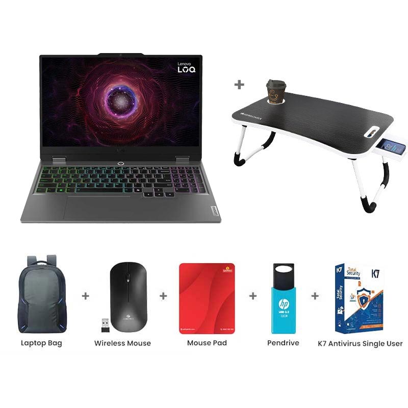 Picture of Lenovo LOQ - AMD Ryzen 7 7435HS 15.6" (39.6cm) 83JC00GDIN AI Gaming Laptop (24GB RAM/512GB SSD/Windows 11 Home/NVIDIA RTX 3050A 4GB/Office 2024/1 Year Warranty/Luna Grey/2.4Kg) with Laptop Table + Laptop Bag + Wireless Mouse + Mouse Pad + Pendrive + K7 Antivirus Single User
