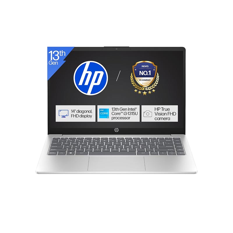 Picture of HP 14 - 13th Gen Intel Core i3-1315U 14" (35.6cm) 14-ep0341TU Thin & Light Laptop (8GB/ 512GB SSD/ Full HD Display/ Intel UHD Graphics/ Windows 11 Home/ Camera Privacy Shutter/ MS Office 2024/ 1Year Warranty/ Natural silver/ 1.4 kg) + RGB Light Speaker for PC and Laptop + Laptop Table + Wireless Mouse + Mouse Pad