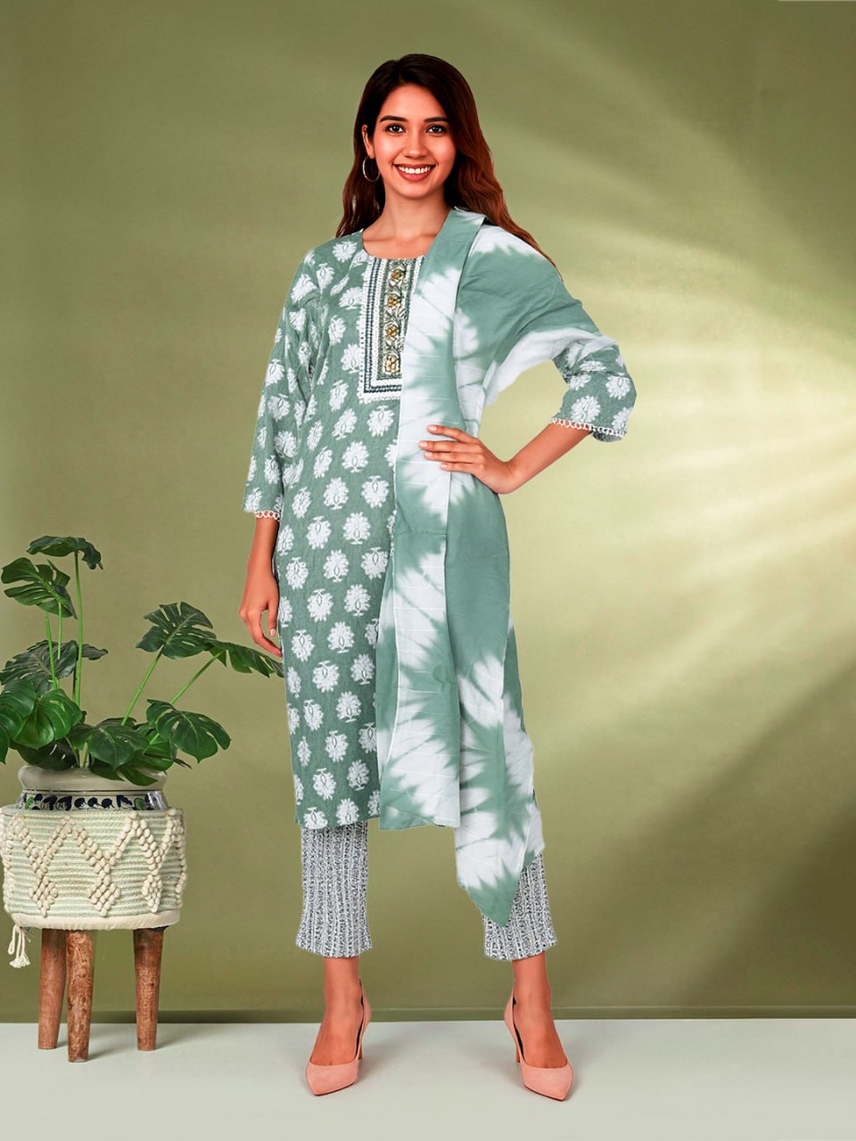 Sea Green Printed Kurta with Pant  & Dupatta Set