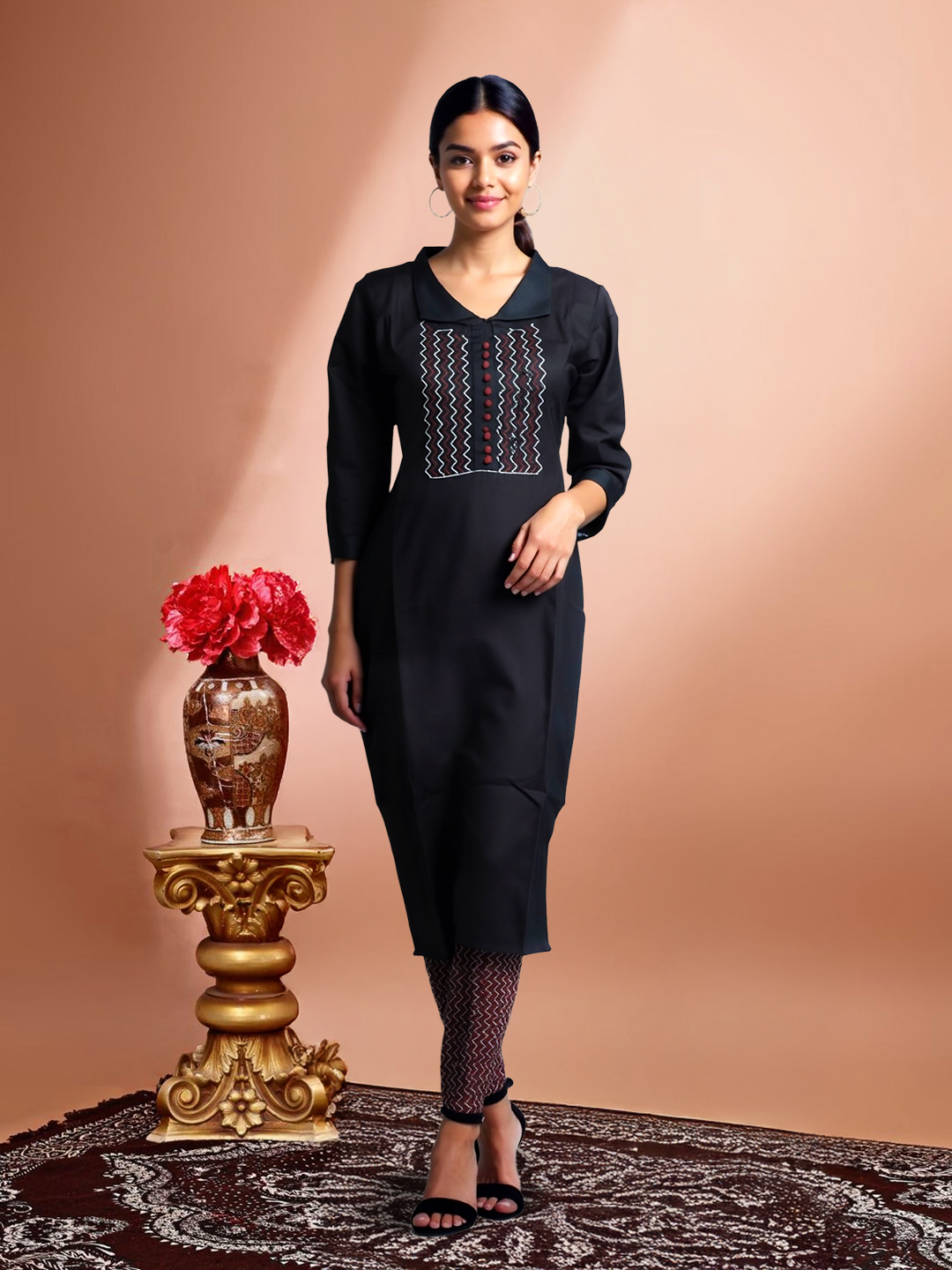 Black Embroidered Straight Collar Kurta with Pant Set