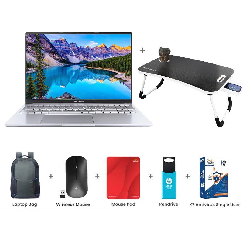 Picture of Asus Vivobook 16 - Intel Core i7-13620H 16" (40.64cm)  X1605VA-MB1628WS Thin & Light Laptop (16GB/ 512GB SSD/ Intel UHD Graphics/ Windows 11 Home/ Office Home 2024/ 1Year Warranty/ Cool Silver/ 1.88 Kg) with Laptop Table + Laptop Bag + Wireless Mouse + Mouse Pad + Pendrive + K7 Antivirus Single User