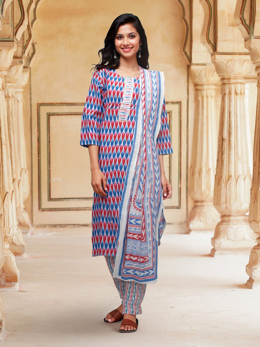 Elegant Blue & Red Ethnic Ensemble Kurta with Pant & Dupatta Set
