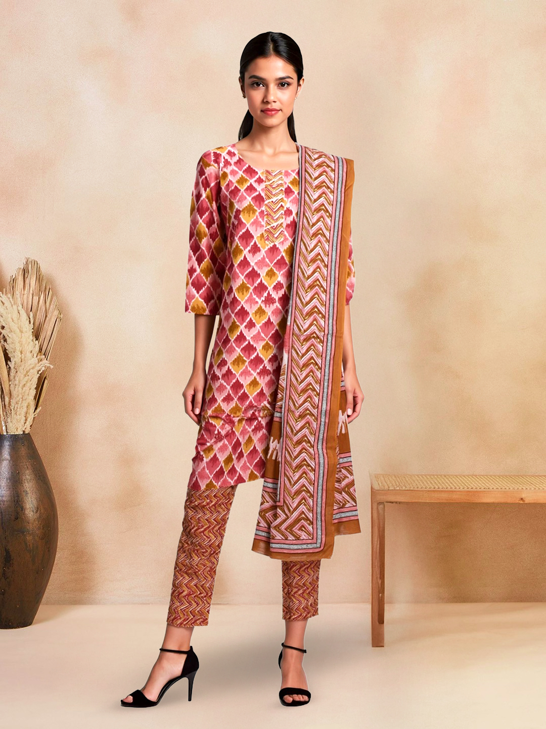 Vibrant Ikat Printed Kurta with Pant & Dupatta Set