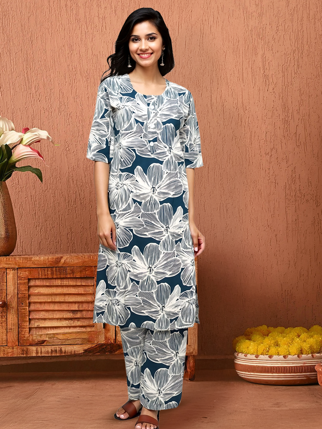 Serene Blooms Printed Kurta with Palazzo Set