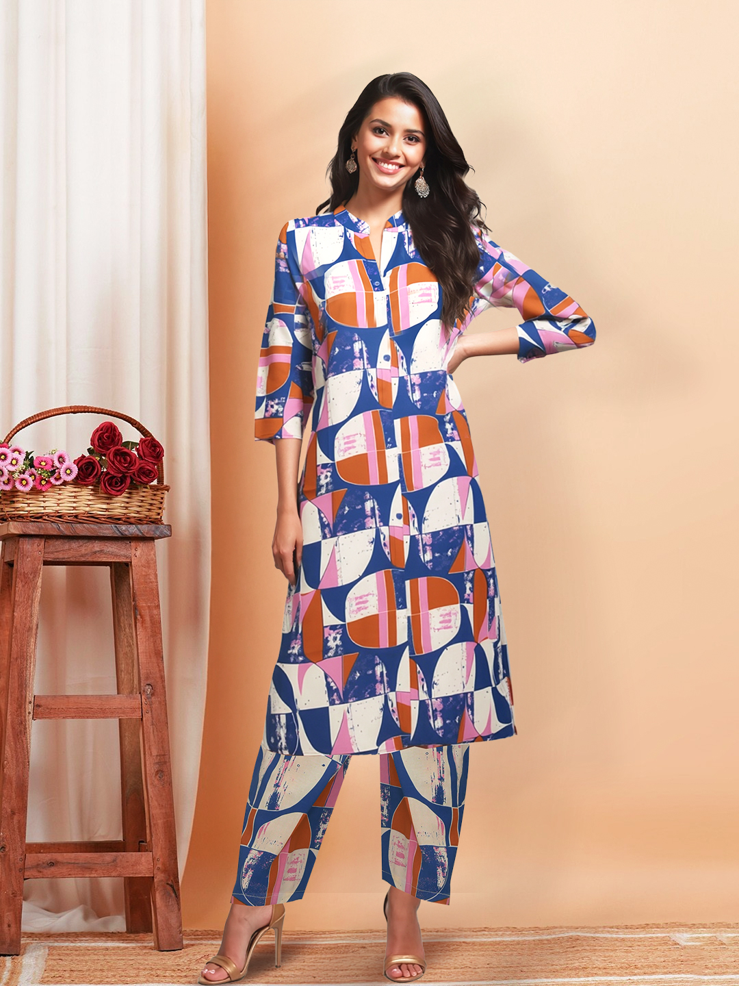 Modern Geometry Printed Mandarin Collar Kurta with Palazzo Set