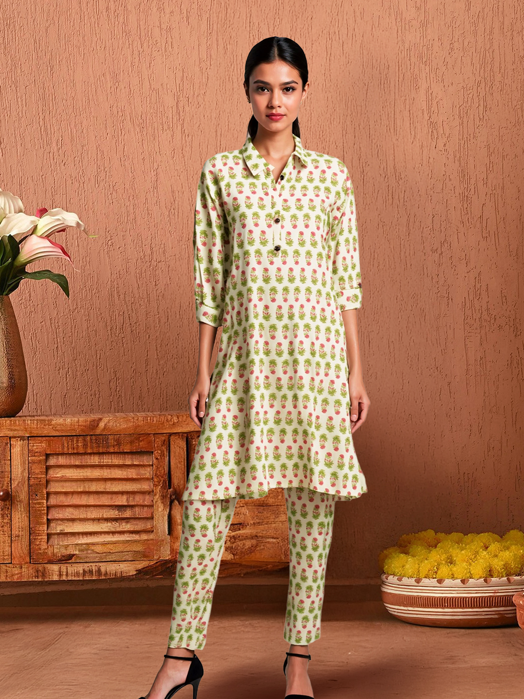 Fresh and Elegant Botanical Printed Collar Kurta with Palazzo Set